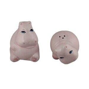 Vintage Hippos Salt Pepper Shakers Pink Hippopotamus Ceramic Blue Eyes READ